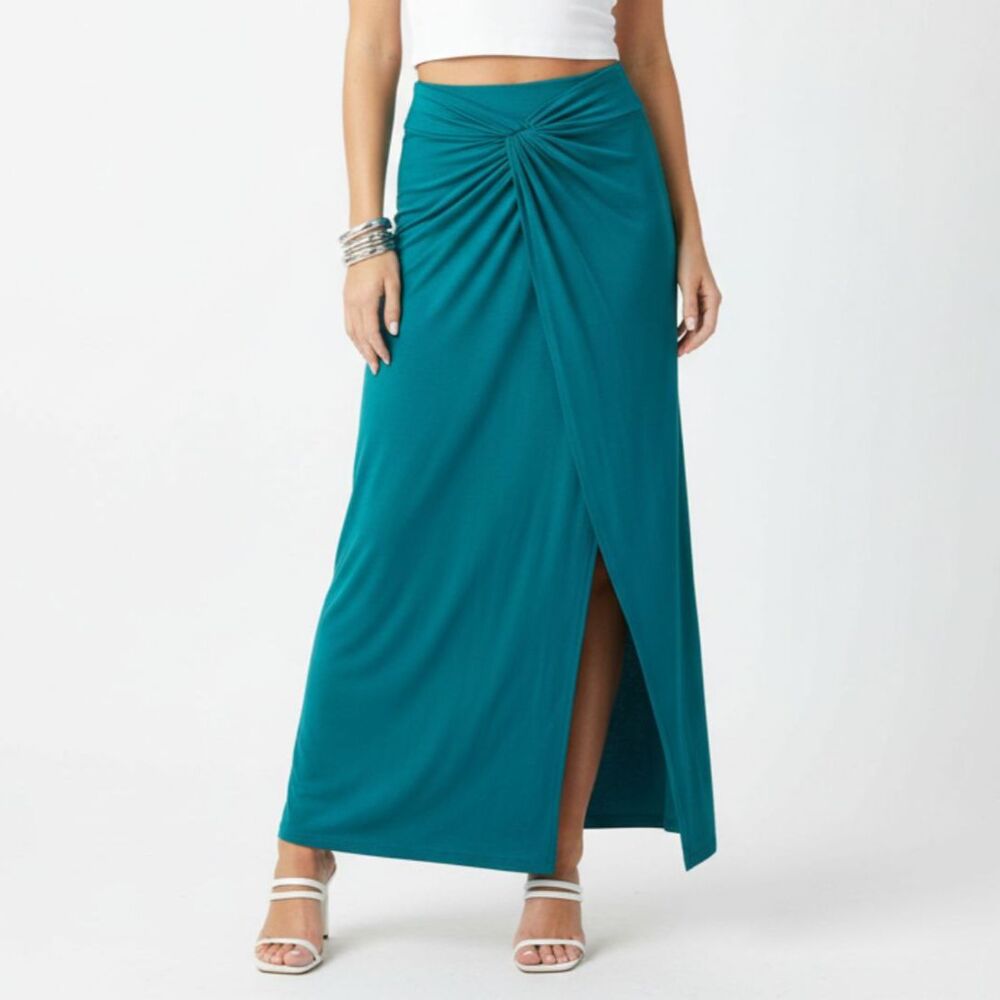 Bisou Bisou Teal Blue Side Slit Drape Waist Maxi Skirt M